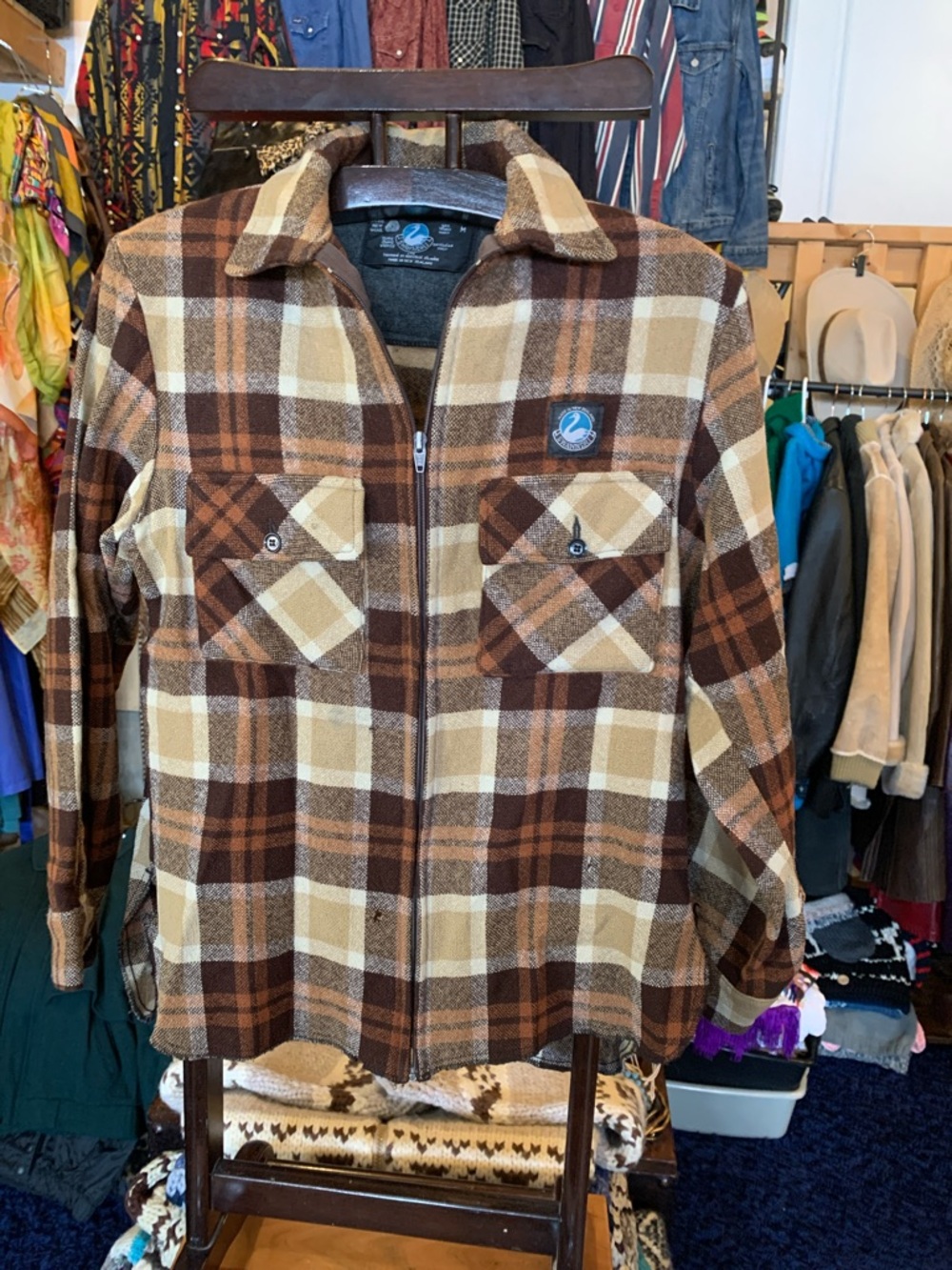 1970 New Zealand Men's Brown Plaid Zip-Front Casual Button Down Shirt Jacket